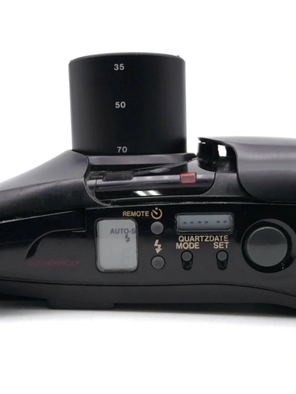 Olympus compact film camera in black with built-in flash